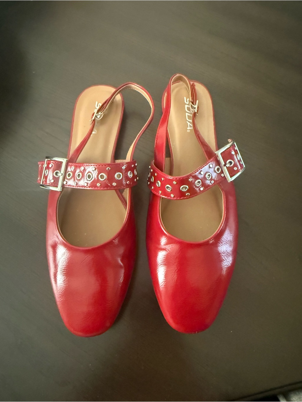 Red Studded Mary Jane Slingback Flats. Size 9